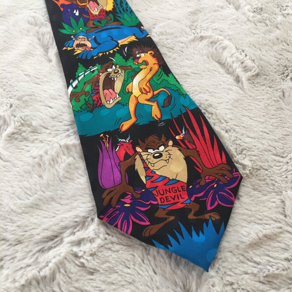 Vintage 1993 Loony Tunes Mania Tazmanian Devil Silk Tie Jungle Devil